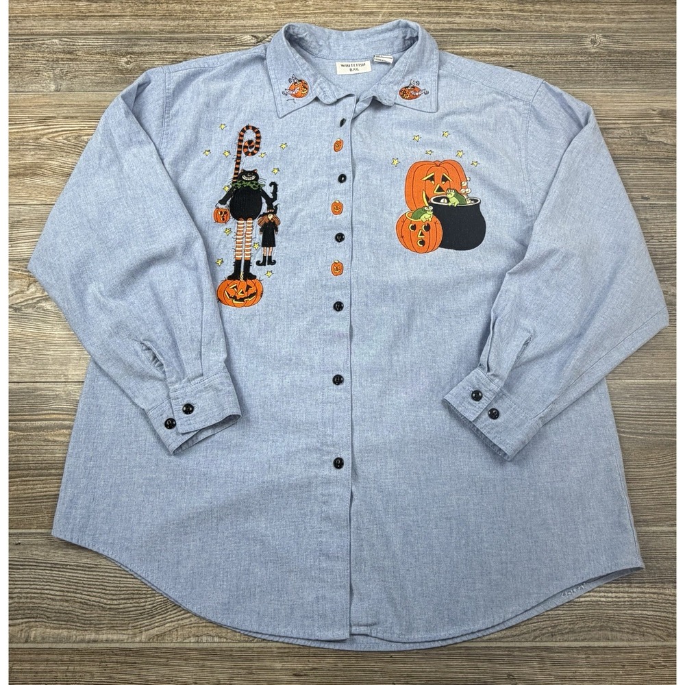 Vtg Whitefish Bay Button Shirt Halloween Pumpkins Black Cat Cauldron Frogs L